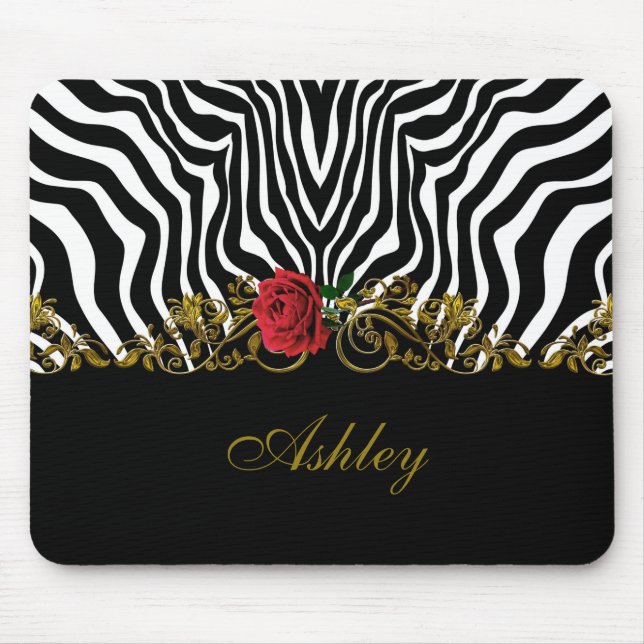 Mousepad Abstrato Zebra Flor Vermelho Negro Branco Dourado (Frente)