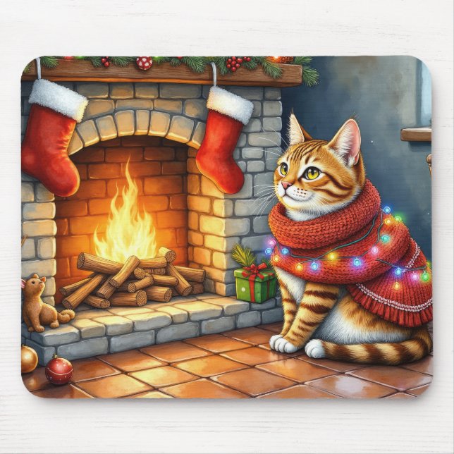 Mousepad Abyssinian Cat Sitting by Fireplace with Christmas (Frente)