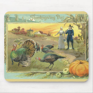 Mousepad Acção de graças do vintage com perus e peregrin