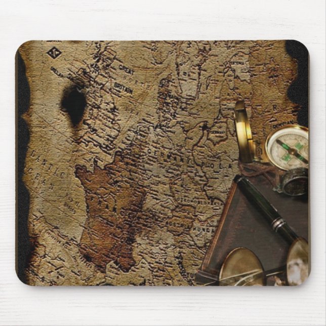 Mousepad Acessórios de viagem de tempo Steampunk, mapa, bús (Frente)