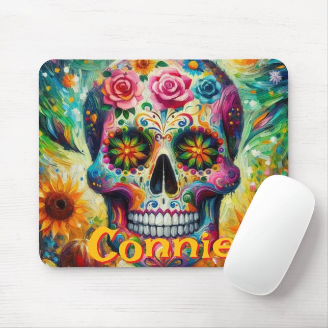 Mousepad Açúcar Crânio Rosas Florais Girassol Personalizado (Com mouse)