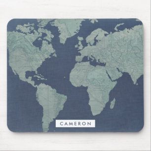 Mousepad Adicionar Seu Nome Mapa Mundial de Azul Linen