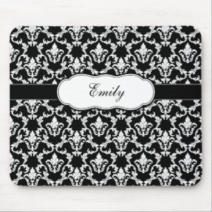 Mousepad Adicione seu preto do nome no damasco branco