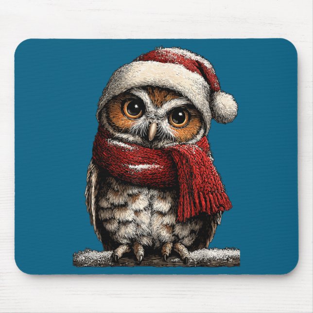 Mousepad Adorable Owl With Santa Hat Snowy Winter Christmas (Frente)