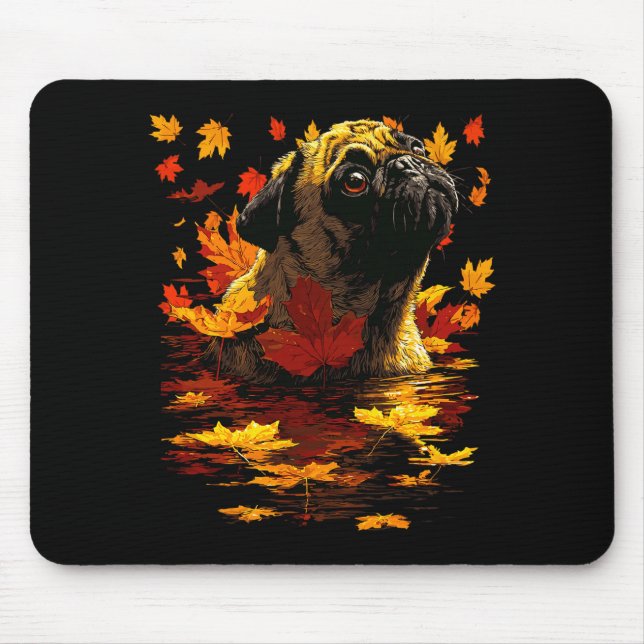 Mousepad Adorable Pug With Forest Leaves Cozy Autumn Dog Fa (Frente)