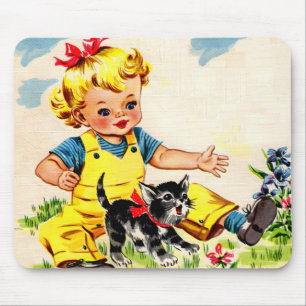 Mousepad adorável garotinha com adorável gatinha