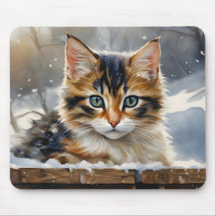 Mousepad Adorável gato calico na neve