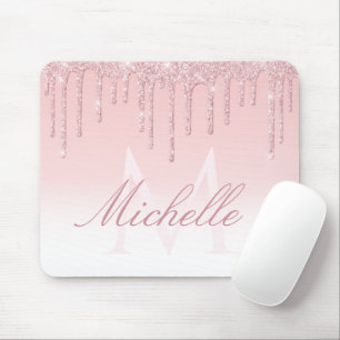 Mousepad adorável gotejamento de brilho de monograma rosa