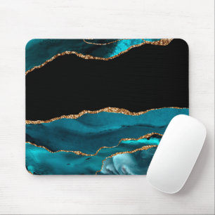 Mousepad Ágata de Mármore Azul Glamourosa Brilhos Dourados