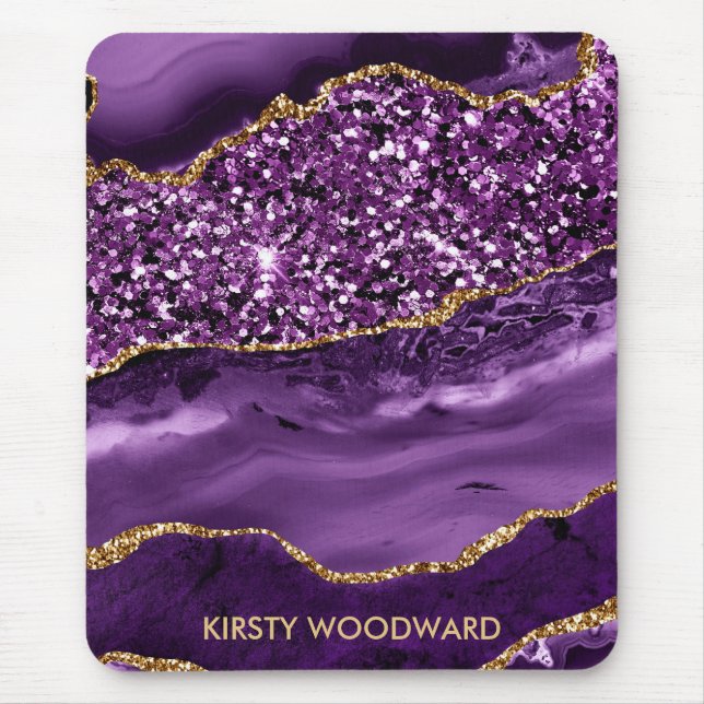 Mousepad Ágata Oceânica Elegante com Brilho Dourado e Roxo (Frente)