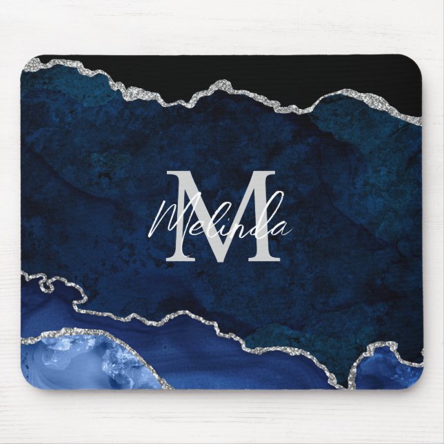 Mousepad Agato de mármore marinho azul e prata (Frente)