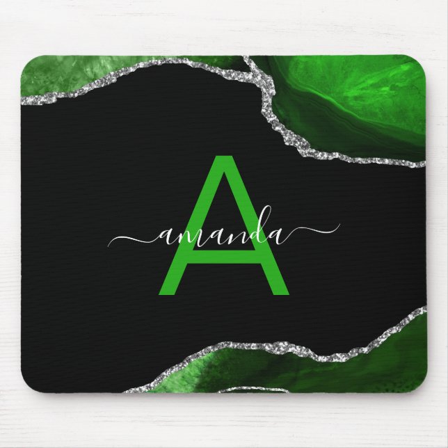 Mousepad Agato Verde Monograma com Ênfase da Glitter Pratea (Frente)