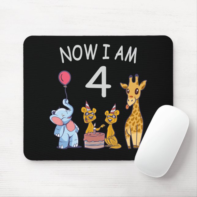 Mousepad Agora tenho 4 anos, 4 anos, aniversário no zoológi (Com mouse)