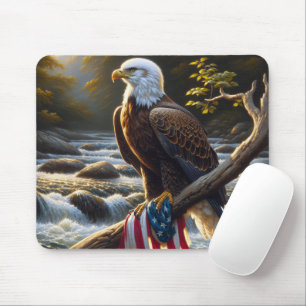 Mousepad Águia Balda com Bandeira Americana em uma Ramifica