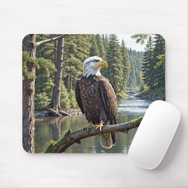 Mousepad Águia Balda Na Ramificação Da Árvore Do Rio (Com mouse)
