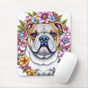 Mousepad Ai Art Bulldog Cercado por Flores Whimsical