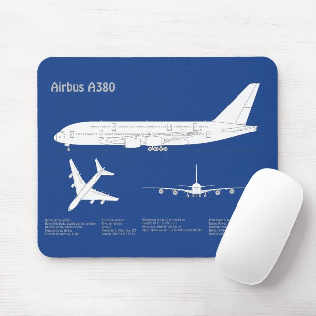 Mousepad Airbus a380 - Planos de desenho do avião Blueprint (Com mouse)