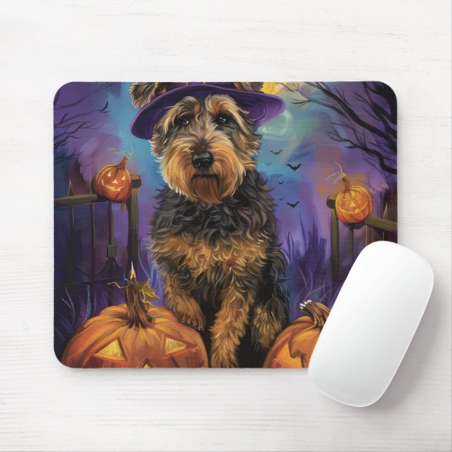 Mousepad Airedale Assustador da Bruxa e Abóbora do Hallowee (Com mouse)