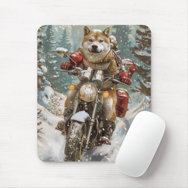 Mousepad Akita Dog Andando na Motocicleta Natal (Com mouse)