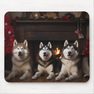 Mousepad Alaskan Malamute na Lareira de Natal