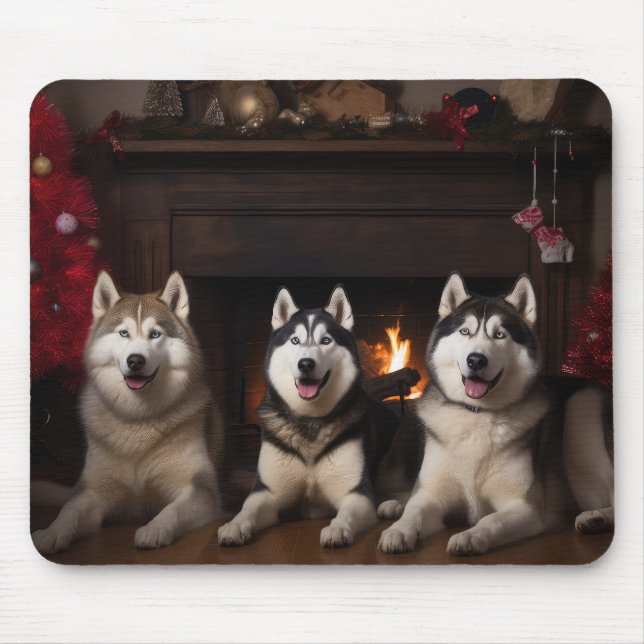 Mousepad Alaskan Malamute na Lareira de Natal (Frente)