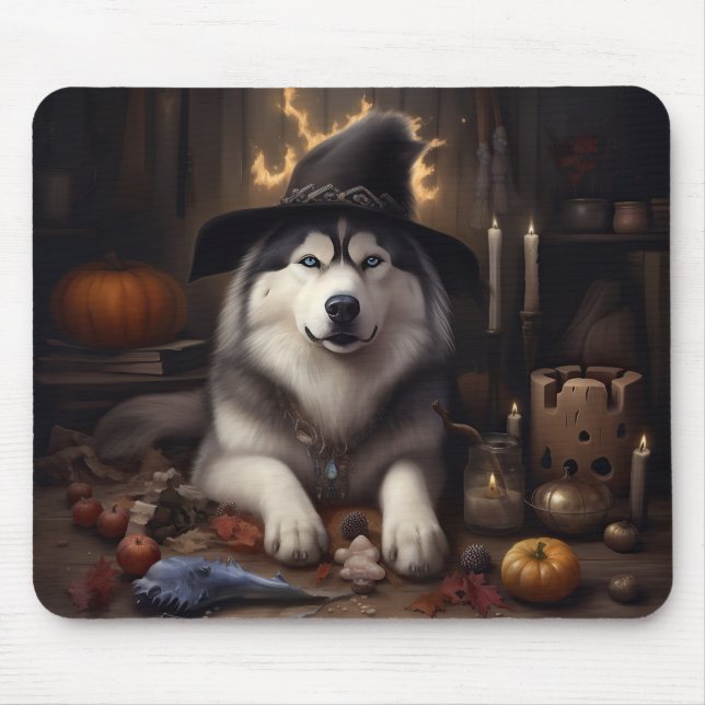 Mousepad Alaskan Malamute Pumpkins Halloween Scary (Frente)