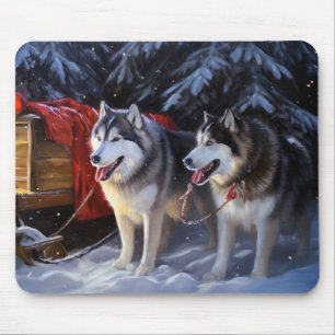 Mousepad Alaskan Malamute Snowy Sleigh no Natal