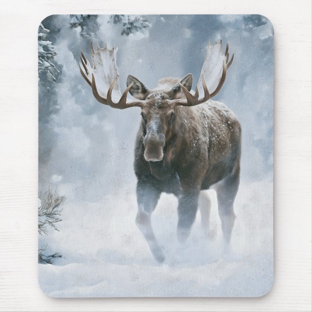 Mousepad Alce Macho Caminhando pela Neve Boreal (Frente)