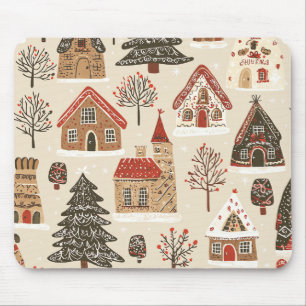 Mousepad Aldeia de Natal de Pão de Mel Creme Marrom Vermelh