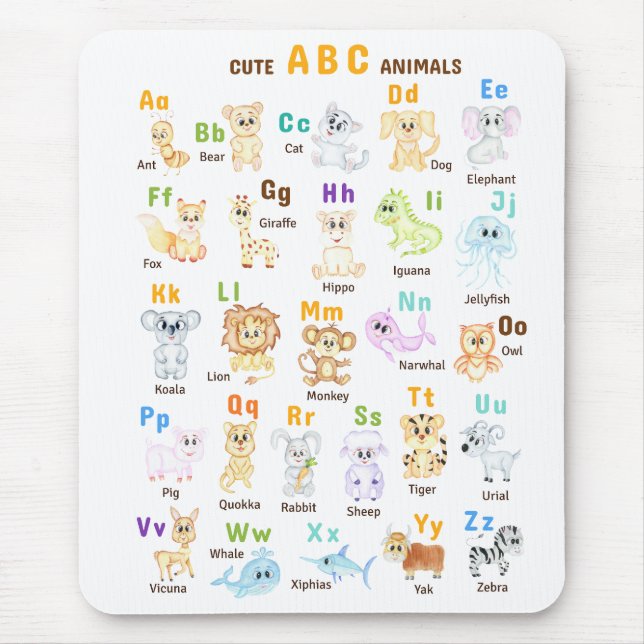Mousepad Alfabeto Animal ABC Animais fofos  (Frente)