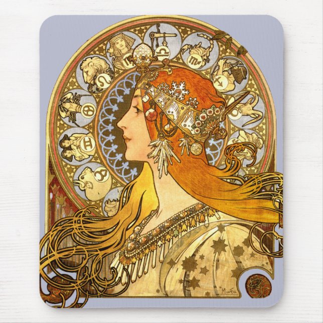 Mousepad Alfonse Mucha Zodiac Art Nouveau Mulher (Frente)
