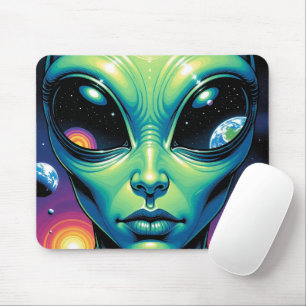 Mousepad Alienígena face com planetas reflexões nos olhos