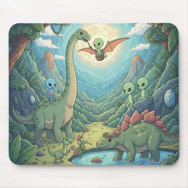 Mousepad Aliens and Dinosaurs in Prehistoric Paradise (Frente)