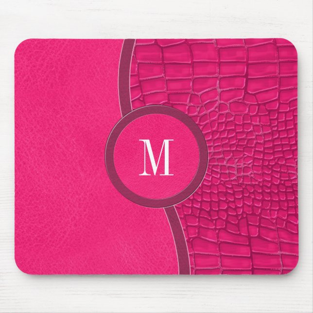 Mousepad Alligador De Couro Cinzento Rosa Quente Monograma  (Frente)