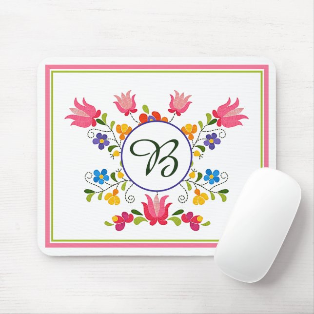 Mousepad Almofada de rato com monograma de bordado floral (Com mouse)