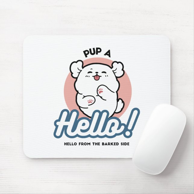 Mousepad Alô! - Design de Cartoon Feliz de Cachorro Branco (Com mouse)