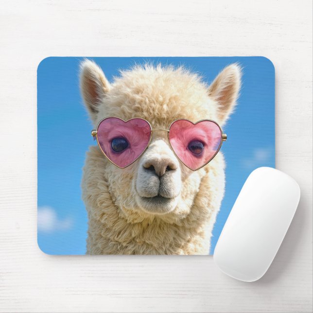 Mousepad Alpaca Usando Óculos de Coração Cor-de-Rosa (Com mouse)