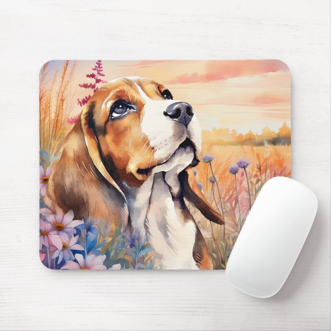 Mousepad Amante de Cachorro Beagle com Prado de Flores Silv (Com mouse)
