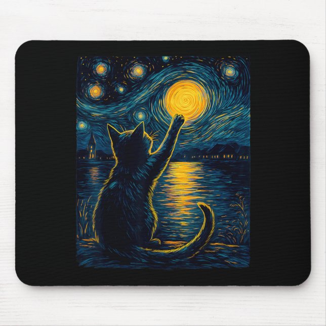 Mousepad Amante de Gatos Pretos Noite Estrelada Vincent Van (Frente)