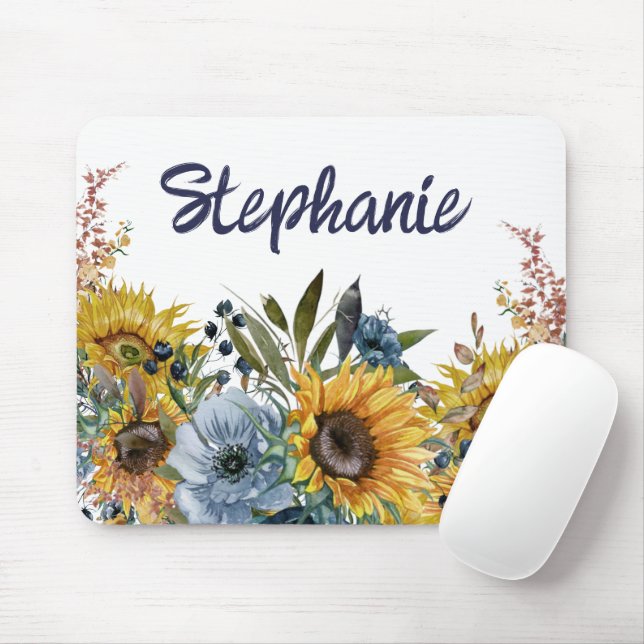 Mousepad Amarelo Girassóis Marinho Azul Nome Floral (Com mouse)