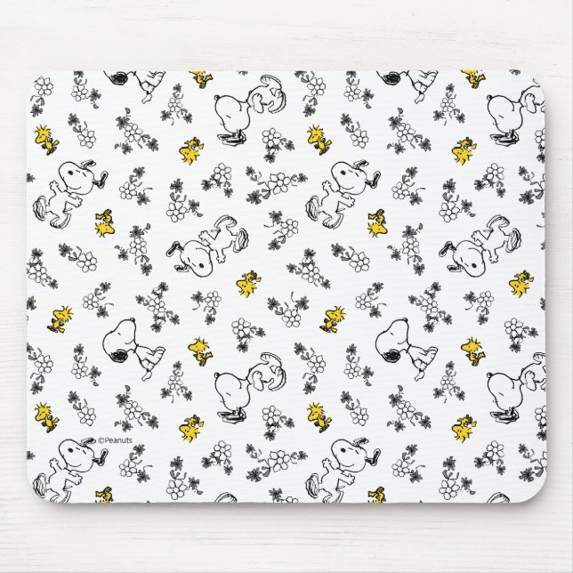 Mousepad Amendoins | Padrão de Flor B&W Snoopy & Woodstock (Frente)