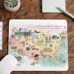 Mousepad América   Mapa dos EUA Ilustrado em Aquarela