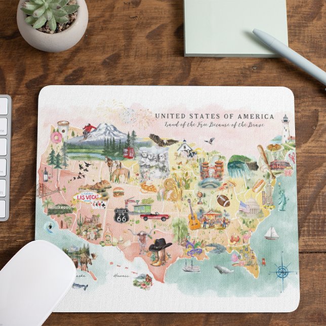 Mousepad América | Mapa dos EUA Ilustrado em Aquarela (Criador carregado)