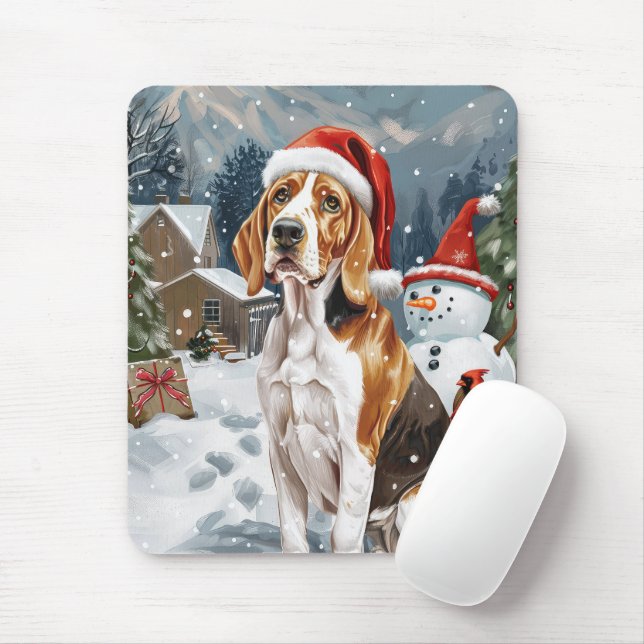 Mousepad American English Foxhound Dog Winter Christmas Joy (Com mouse)
