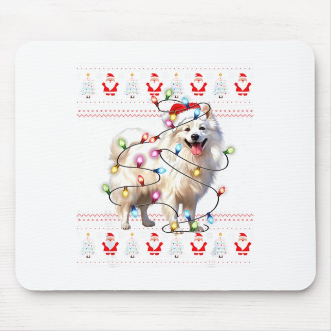 Mousepad American Eskimo Dog Xmas Lights Ugly Sweater Chris (Frente)