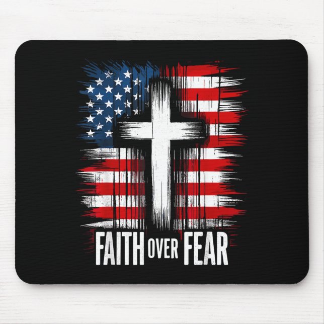 Mousepad American Usa Flag Christ Faith Over Fear With Cros (Frente)
