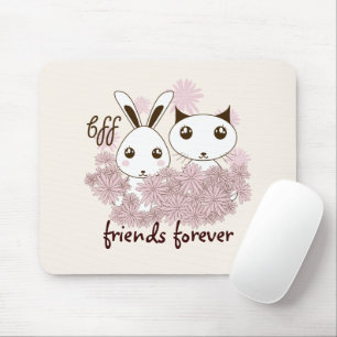 Mousepad Amizade de Menina BFF Desenho Fofo Gatinho e Coelh