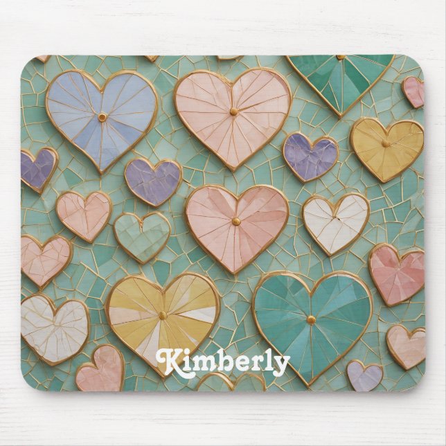 Mousepad Amor Mosaico: Corações Pastel (Frente)
