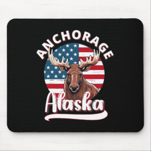 Mousepad Anchorage Alaska Moose Exibindo Bandeira do Alasca