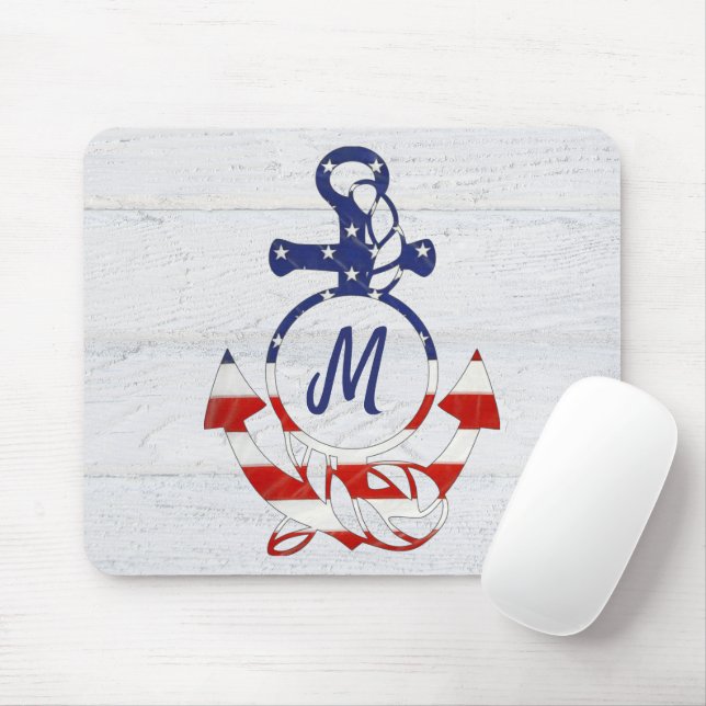 Mousepad Âncora de bandeira náutica na madeira (Com mouse)